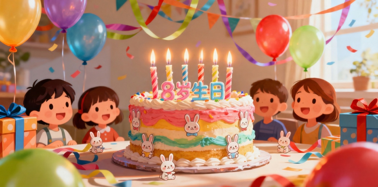 增加8岁生日的文字，增加卡通兔子的图案预览效果