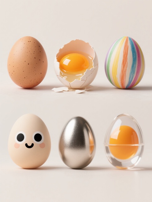六个鸡蛋造型，上下两行对齐排列，浅色背景。第一个是完整的浅棕色带斑点的真实鸡蛋，外壳有细腻的颗粒感和光泽，第二个是被打碎的鸡蛋，蛋壳裂开，露出橙黄色的蛋黄和透明的蛋清，蛋黄表面光滑有反光，第三个是手绘风格的鸡蛋，用彩色铅笔绘制，外壳有彩色的条纹图案，第四个是卡通风格的鸡蛋，眼睛和嘴巴是黑色的圆形，看起来很可爱，第五个是金属材质的鸡蛋，银色的外壳有金属的光泽和质感，第六个是透明玻璃材质的鸡蛋，里……预览效果