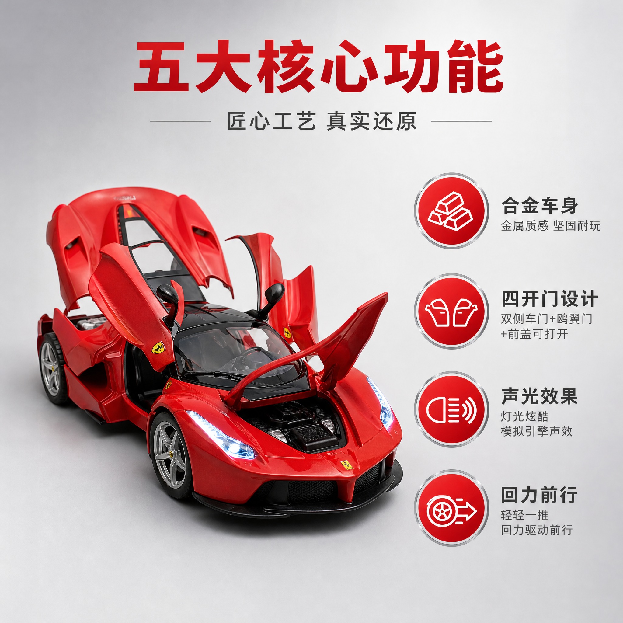 [主图-2] 玩法与核心功能展示图，突出合金车模的可动结构与声… - 图片创意预览