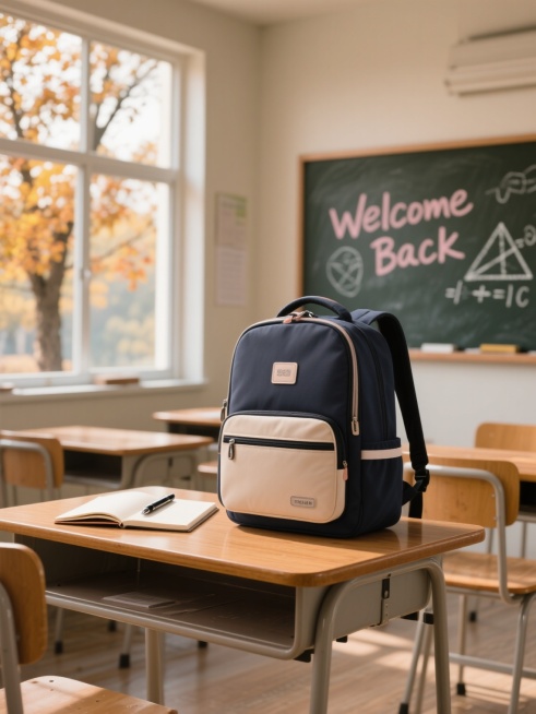 电商主图，主产品：书包（书包尺寸放大以突出主体），背景：开学季的明亮教室，焦点是一张复古木质课桌，背景是干净的黑板，黑板上用粉笔画着“Welcome Back”的图案和几何公式。桌面上放着一本摊开的笔预览效果