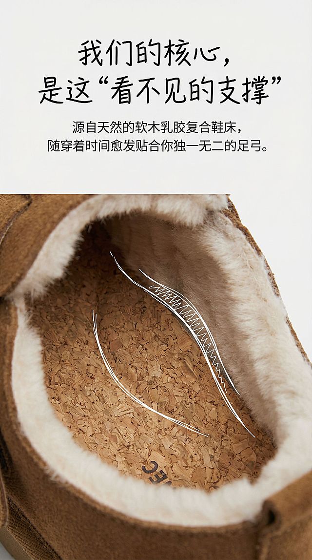 视觉： 乳胶鞋床的特写，强调其自然颗粒感与人体工学曲线。配上手绘风格的足弓承托示意线条。

文案： 我们的核心，是这“看不见的支撑”

副文案： 源自天然的软木乳胶复合鞋床，随穿着时间愈发贴合你独一无二的足弓。