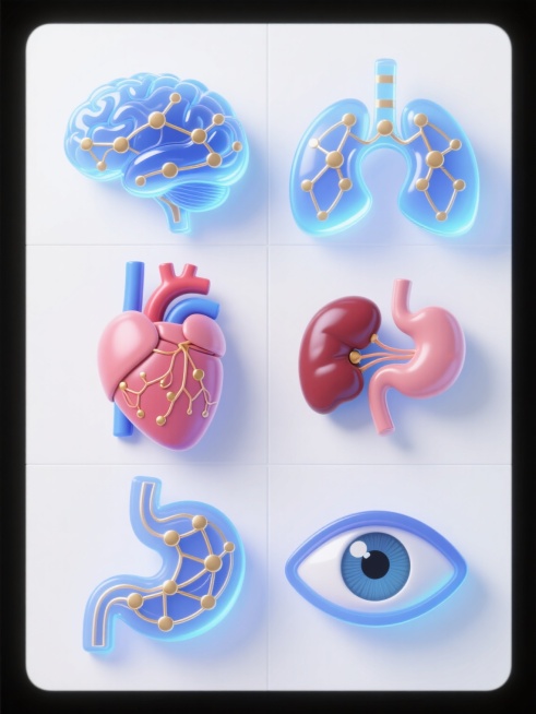 六个不同人体器官的3D立体图标，保持与示例大脑相同的半透明渐变蓝色调、发光边缘、内部金色节点与连接线网络结构，器官包括心脏、肺、肝脏、肾脏、胃和眼睛，每个器官形态准确且具有相同的科技感光影效果，所有图标在纯白色背景上呈规整网格排布，整体视觉风格统一，细节精致，具有现代科技感和医疗健康主题的设计感。预览效果