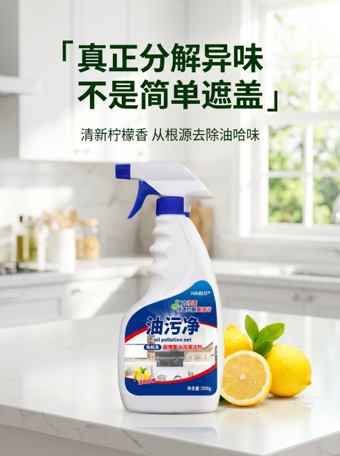[主图-7] 真去味不掩盖卖点图，展示真正分解异味优势
[氛围风格] 清新自然，真实可信
[画质] 清爽商业摄影，自然通透
[元素] 油污净产品放在厨房台面上，旁边放新鲜柠檬整果和切片，强调真实柠檬清预览效果