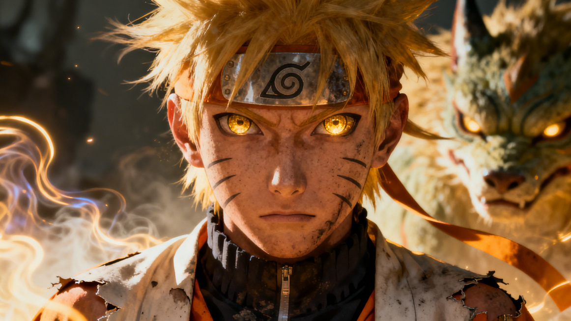 火影风格漩涡鸣人仙人模式特写，运用弥散光、轮廓光，光线追踪+电影光效呈现流体艺术，高曝过曝结合暗调，伦勃朗光打造强烈明暗高反差，颓废质感，情绪氛围感拉满，带胶片颗粒感、慢快门朦胧美学，细节丰富层次分明预览效果