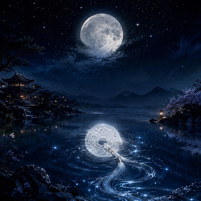 移除图片中所有文字，保留全部背景元素和玉佩，保持原图的月夜山水古风水面场景和风格不变，仅去除所有文字内容