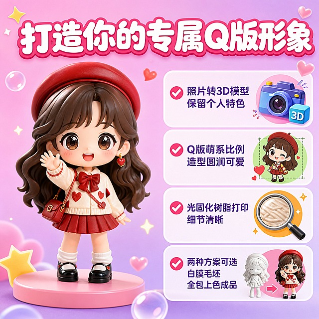 [主图-2] 照片定制Q版人物手办 核心卖点图。
[统一基调] 拼多多风格 大字直白 萌系可爱 高性价比感 背景主色为渐变粉紫色（浅粉到浅紫过渡） 标题字色为白色加粗带玫红色描边 辅助字色为深紫色 强调色为玫红色 字体为圆润可爱的粗体无衬线字体 字号层级分明 卡片用圆角白色半透明底 图标用彩色卡通风格 整体热闹吸睛。
[画面] 画面左侧展示一个Q版人物手办的正面全身像 造型圆润可爱 大头小身 树脂材质光滑 手办占画面约40% 右侧是四个卖点图标和文字 上下排列 每个卖点配一个彩色卡通图标 从上到下依次是：相机图标配3D立方体 可爱比例人形图标 放大镜下的树脂纹理图标 两个手办对比图标（白膜和上色） 背景延续粉紫渐变 点缀可爱的装饰元素。
[光影质感] 商业摄影质感 手办部分光线均匀 展示树脂材质的光滑质感和细节 图标区域扁平化设计 色彩鲜艳 整体画面明亮 对比度适中。
[配色] 背景渐变粉紫色 手办颜色丰富 卖点图标各自有鲜明颜色（蓝 绿 橙 红） 标题白色带玫红描边 卖点文字深紫色 勾选符号玫红色 整体色彩丰富但不杂乱。
[文字版式] 画面顶部居中是大标题 白色粗体带玫红描边 写着"打造你的专属Q版形象" 右侧四个卖点 每条开头有玫红色对勾符号 文字为深紫色 内容分别是："照片转3D模型 保留个人特色" "Q版萌系比例 造型圆润可爱" "光固化树脂打印 细节清晰" "两种方案可选 白膜毛坯 全包上色成品" 每个卖点文字旁对应一个小图标 文字左对齐 行间距适中 清晰易读。
[输出要求] 比例1:1 文字清晰 手办清晰 卖点信息层次分明 负向：变形 错字 模糊 杂乱 水印 平台Logo 文字遮挡主体。
