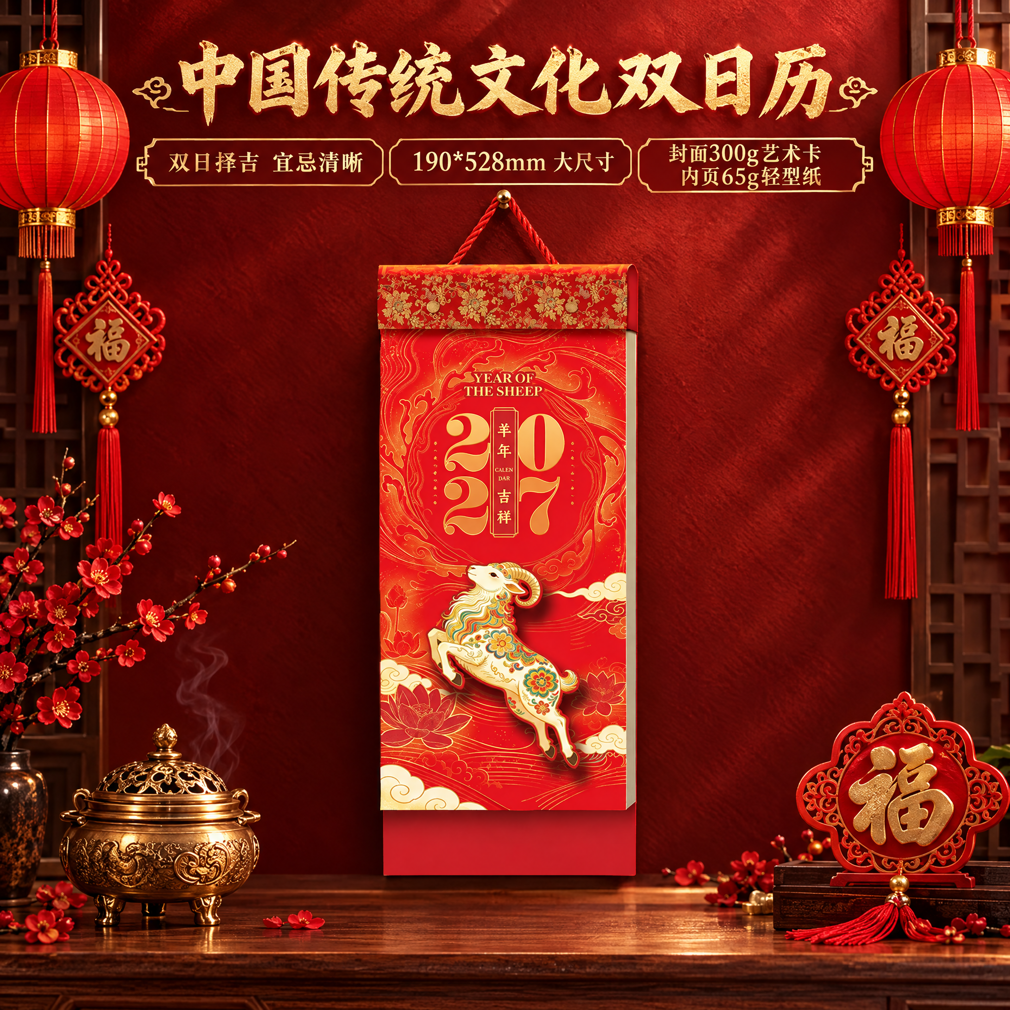 电商淘宝主图，1:1正方形。画面中央悬挂一本中国传统文化双日历… - 图片创意预览