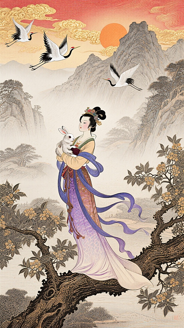 🌙嫦娥抱兔桂枝立，祥云仙鹤浪漫中秋🎇