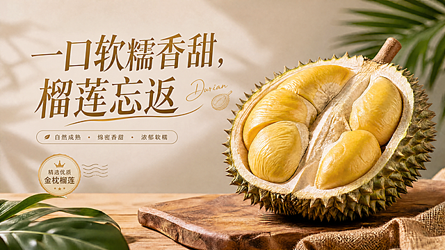 在原有高清榴莲海报基础上，添加吸引人的广告语："一口软糯香甜，榴莲忘返"，字体设计自然融入画面，不遮挡主体榴莲果肉，保持整体4K高清和16:9比例