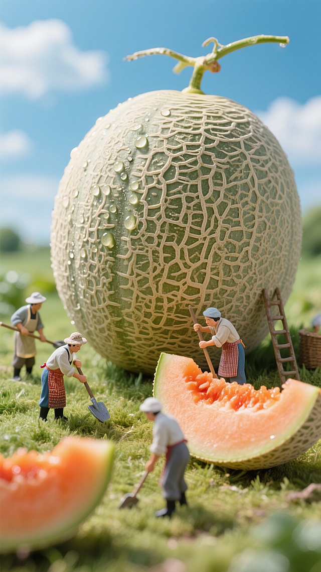 清新卡通风，微缩艺术展现农夫与巨型瓜田，趣味盎然。