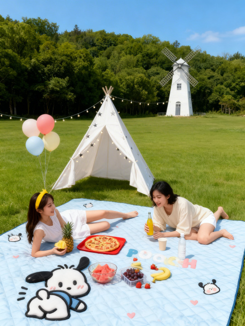 户外野餐场景实拍，8K超清，极致写实无AI感，人物面部与动作高度自然清晰，无模糊、无失真。野餐垫为浅蓝色菱形绗缝款，带帕恰狗立体卡通图案、粉色小爱心与彩色'POOCH'字母，强调其蓬松立体质感与铺展状预览效果