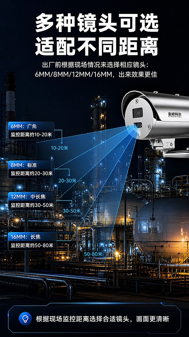 防爆摄像机镜头选择说明详情页，竖版9:16，工业科技风，深色背景，高清效果。

顶部白色粗体大标题"多种镜头可选 适配不同距离"，下方小字说明"出厂前根据现场情况来选择相应镜头：6MM/8MM/12MM/16MM，出来效果更佳"，白色文字居中排列。

主体画面：真实化工厂夜景实景，大型储罐、管道、塔器、钢架结构清晰可见，高清画质，灯光暖黄与冷蓝交织。画面右侧放置金威特尔不锈钢防爆摄像机（侧面视角），镜头朝向化工厂场景。

从摄像机镜头处发射出4条不同角度的蓝色半透明虚线扇形视场，分别标注4种镜头规格与对应的监控距离范围，用引线和文字标签清晰标示：
- 6MM：广角，监控距离约10-20米，视场角最宽
- 8MM：标准，监控距离约20-30米
- 12MM：中长焦，监控距离约30-50米
- 16MM：长焦，监控距离约50-80米，视场角最窄

4条视场线用不同深浅的蓝色区分，每条末端有对应距离标注，直观展示不同镜头焦距对应的监控范围和距离。

底部可加一行小字提示"根据现场监控距离选择合适镜头，画面更清晰"。

整体深灰黑背景，科技蓝点缀，冷调工业风，高清画质，文字横向排版清晰可读，信息层级分明。