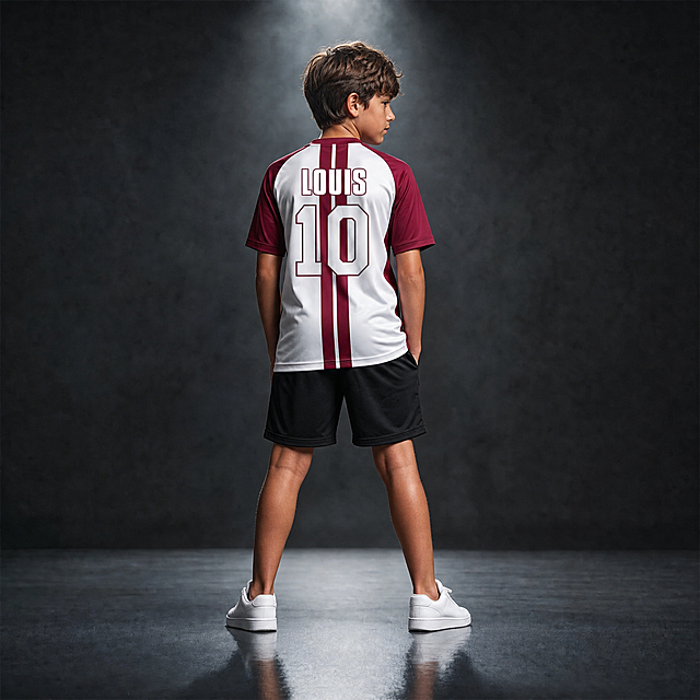 替换图1小男孩模特的衣服为图2的背面球衣，将背面球衣的YOUR NAME 和00替换为LOUIS 和10，做背面展示，模特微微侧头看向侧面，保持原深炭灰渐变摄影棚场景不变，调整人物光影和投影匹配原场景，超写实商业时尚摄影，电影级布光，细节丰富，对焦锐利
