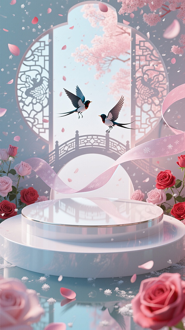 五彩斑斓的白色圆形展台，展台后面有两只小喜鹊飞在鹊桥上面，玫瑰花瓣雨，整个背景是剪纸艺术窗花