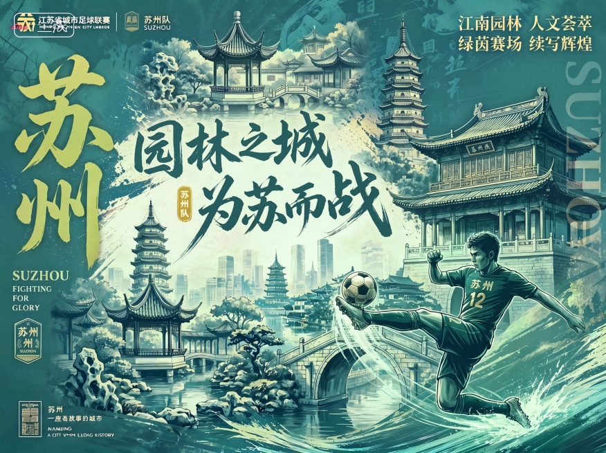 在原海报基础上，将整体色调改为青绿色系（如青瓷色、碧玉色），保持写实风格；将右下角踢球运动员的动作改为腾空凌空抽射姿态，身体舒展、左腿高抬、右脚正触球面，增强动感与力量感；保留所有文字内容与布局不变：预览效果