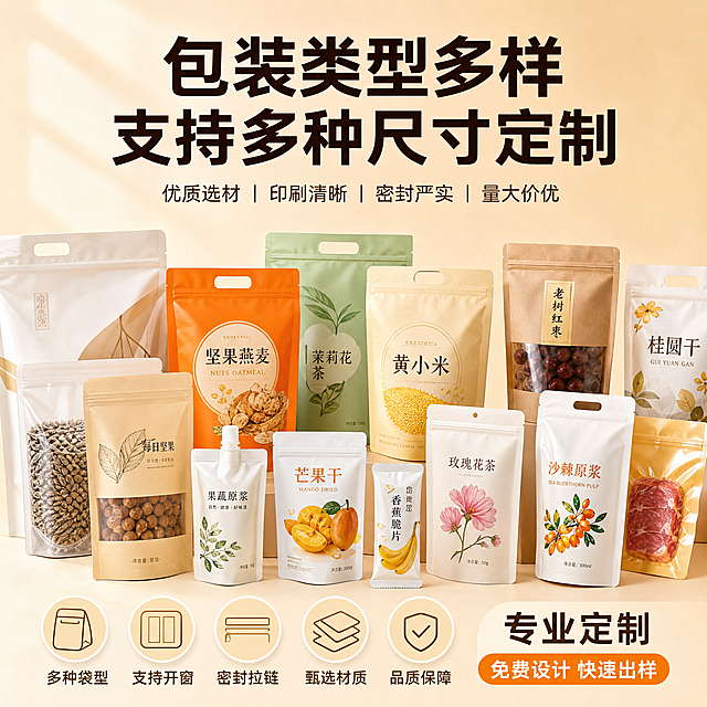 淘宝电商主图，商品是食品包装袋定制，卖点产品包装类型多样，画面展示不同规格和袋型的食品包装袋合集，暖米色干净背景，包含文字"包装类型多样 支持多种尺寸定制"，比例1:1，适配淘宝天猫平台
