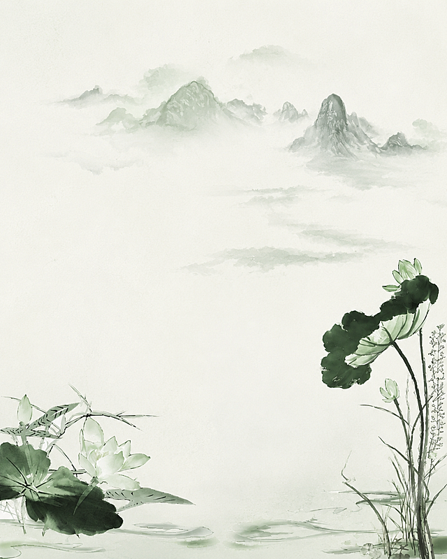 参考原图片中国水墨荷花远山的风格，去掉画面中的鱼，整体色彩偏绿色调