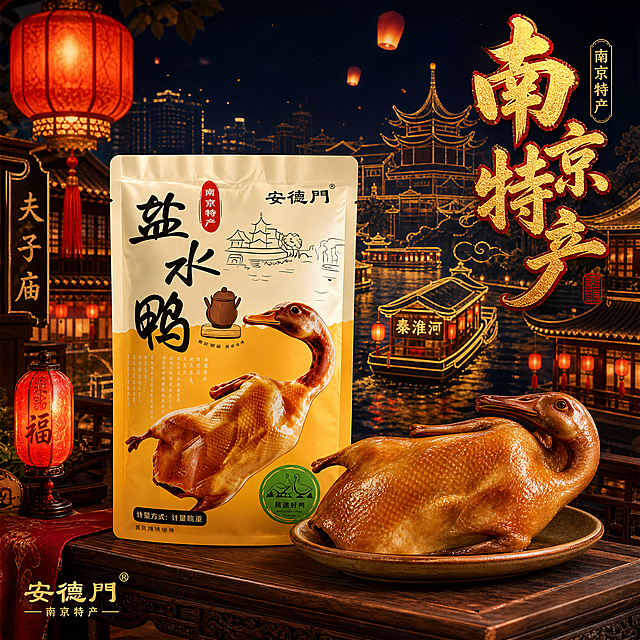 [主图-3] 南京特产国潮场景图，强化地域属性。
[统一基调] 国潮电商风格，朱红鎏金暖色调，标题用粗厚国潮书法体，字色暖金配朱红描边，辅助文案细黑体深褐色，画面鲜活有光泽，不出现人物，禁用词同上。
[画面] 产品包装袋立在古木质台面上，占画面约50%，旁摆一盘完整盐水鸭，鸭身油亮饱满，背景国潮风南京秦淮河金线描插画，有夫子庙游船灯笼元素，飘着几盏孔明灯，氛围热闹有烟火气，无人物。
[光影质感] 暖调夜景氛围光，灯笼红光与暖金灯光交织，产品受光均匀，鸭皮诱人油光，阴影柔和有层次。
[配色] 深靛蓝夜空+朱红灯笼+鎏金线描+暖黄灯光+鸭肉本色，国潮氛围强。
[文字版式] 右上竖排“南京特产”书法大字，左下“安德门”品牌标识，文字精简。
[输出要求] 1:1正方形，2K，文字清晰，产品完整，画面鲜活有氛围感，无水印无平台logo，无人物及禁用词。