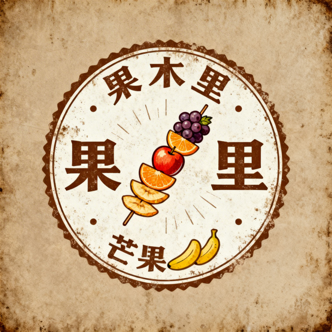 再重新设计一款果木里水果店logo，店名“果木里”，采用圆形徽章设计，外圈环绕文字，中心绘有新鲜水果串和果干片组合图案，风格复古温馨，辨识度高，适合门店门头和包装使用，包含完整文字“果木里”预览效果