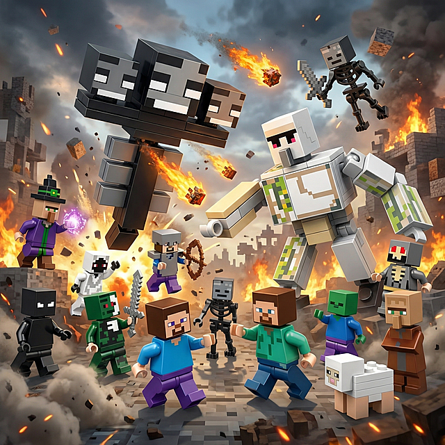 再次重新生成，保持缩小人仔画面比例，调整站位凸出主次，保留全部13款我的世界人仔，生动形象且热血战斗氛围