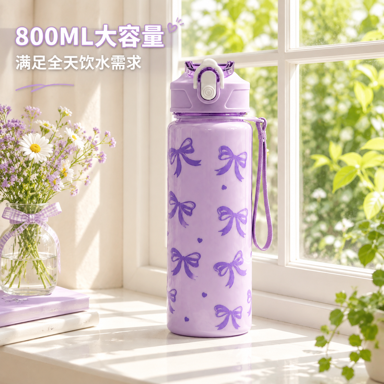 [主图-4 紫色款] 真实使用场景，展示紫色蝴蝶结水杯在窗边自… - 图片创意预览