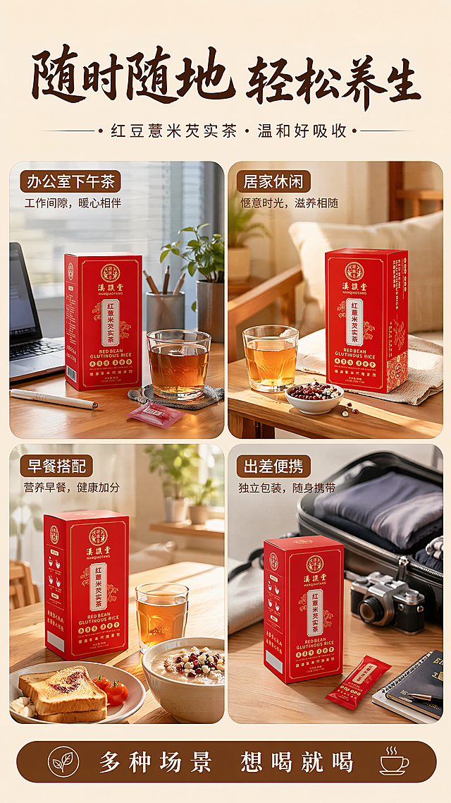 「图片1」「图片1」「图片1」，生成一套详情页，商品名称为红豆薏米芡实茶，适配抖音/快手平台，单图比例为9:16，需求屏数为8张。