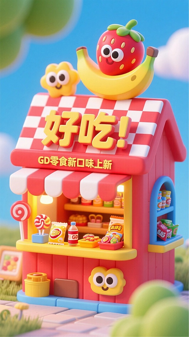 一个色彩鲜艳、造型可爱的店铺，整体以红色为主调，搭配明亮的黄色和蓝色元素，营造出活泼热闹的氛围。小屋顶部装饰有红白格子布，屋顶有有着大眼睛的草莓和香蕉。摊位内陈列着各种玩具食品(糖果、饮料和零食)。店铺上写着一排大字“好吃！”，第二排小字“GD零食新口味上新”。