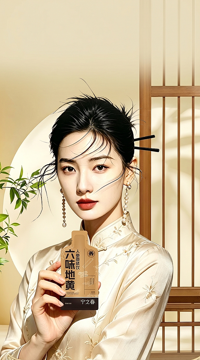 去除人物头发的出油光泽，调整头部比例缩短长度，保持人物、服饰、产品和背景不变
