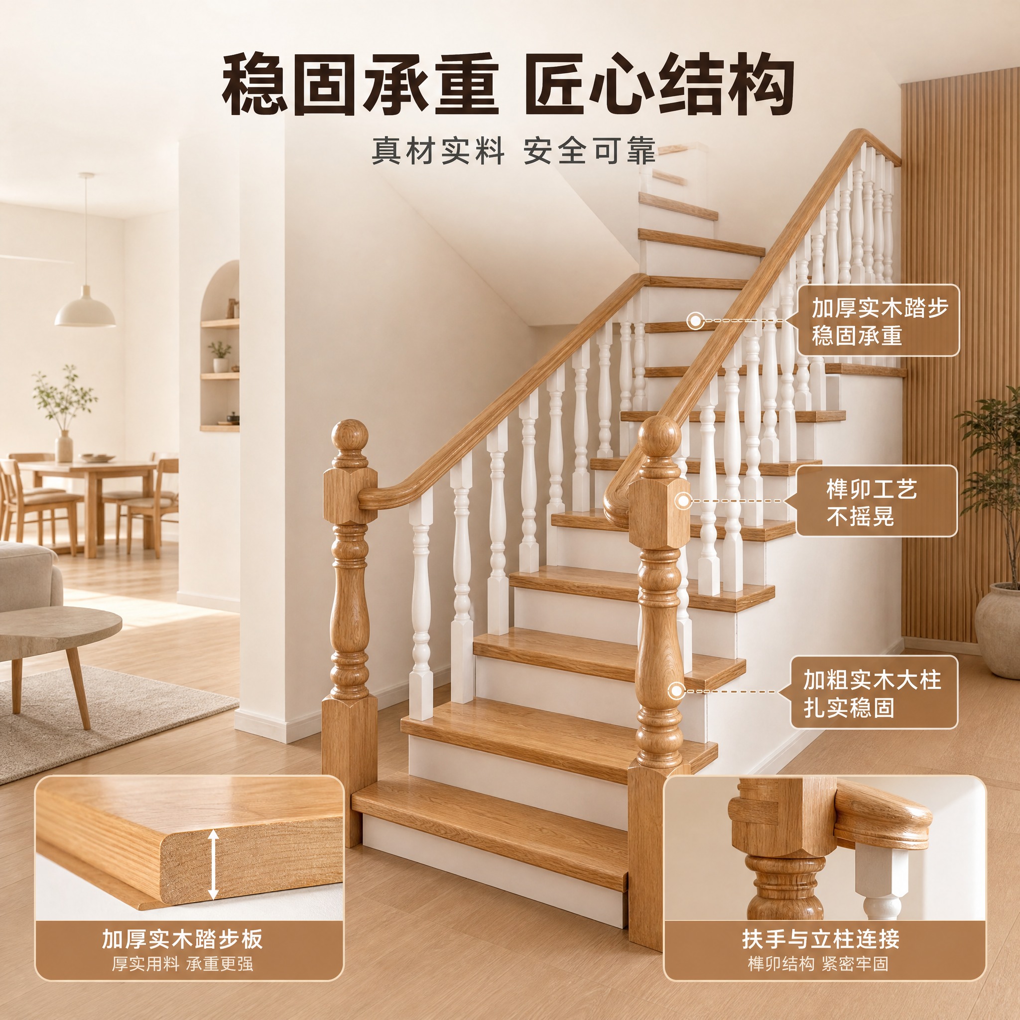 [主图-2] 实木楼梯 稳固承重与结构亮点展示 [统一基调]… - 图片创意预览
