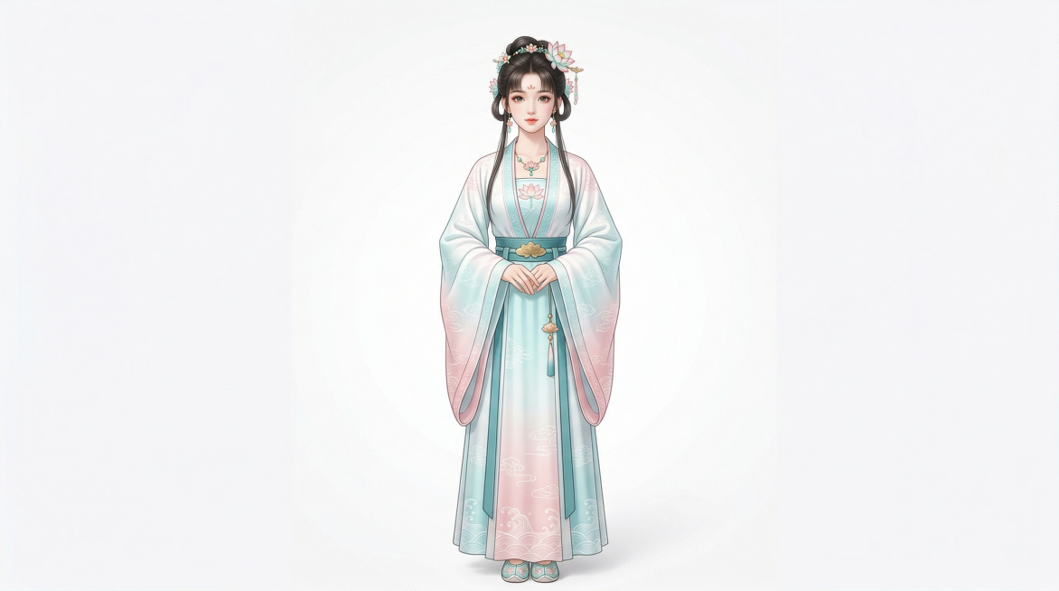 国风少女IP形象，国潮风格，少女穿着楚风直裾，服饰为白色、淡青色、淡粉色渐变国风配色，佩戴莲花配饰，正面全身构图，居中对称，纯色白底背景，高清8K，细节精致，高辨识度预览效果