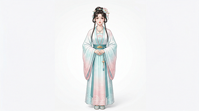 国风少女IP形象，国潮风格，少女穿着楚风直裾，服饰为白色、淡青色、淡粉色渐变国风配色，佩戴莲花配饰，正面全身构图，居中对称，纯色白底背景，高清8K，细节精致，高辨识度