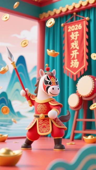 概念：融入传统戏曲，马化身国潮戏曲名角，在舞台上，形成文化碰撞。
推荐标题：好戏开场
副标题：戏说新年，马上有戏
提示语
新国潮风格，融合戏曲元素与波普色彩。一匹身着华丽戏曲靠旗（红色） 的拟人武生马预览效果
