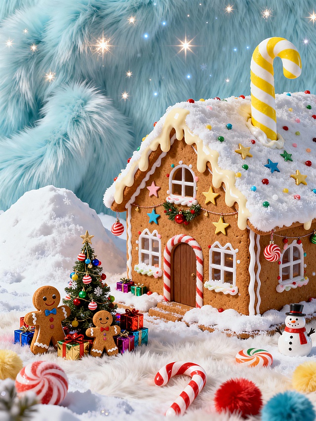 主视觉为一座糖霜质感的糖果屋（居于画面右侧），屋顶淋着奶白糖霜，烟囱是黄白条纹姜饼棒样式，墙面装饰彩糖粒星星、糖果挂饰；糖果屋左前方的雪堆旁，圆滚滚的姜饼人正围着迷你圣诞树挂彩糖装饰，树旁堆着糖果礼盒；背景是闪着星光的浅蓝夜空，雪地散落着拐杖糖、糖霜雪人摆件，构图以糖果屋为重点、左侧形成互动小场景。