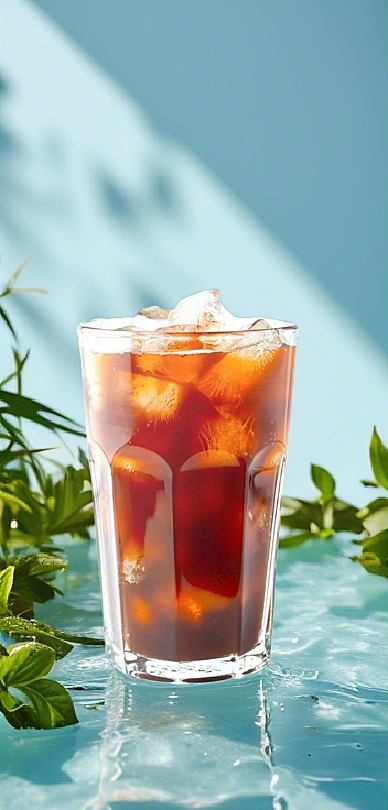 简约主义风格，可乐搭配绿植，营造夏日清爽感。