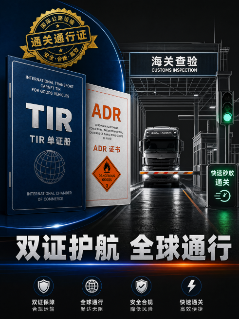 [主图-1] 国际跨境物流双证保障主题海报。构图为左右对比结构，左侧展示一个放大的抽象化TIR单证册和ADR证书图形，背景为深蓝色#002B5C，上方叠加金色圆形印章图案，象征通关通行证；右侧是海关关预览效果