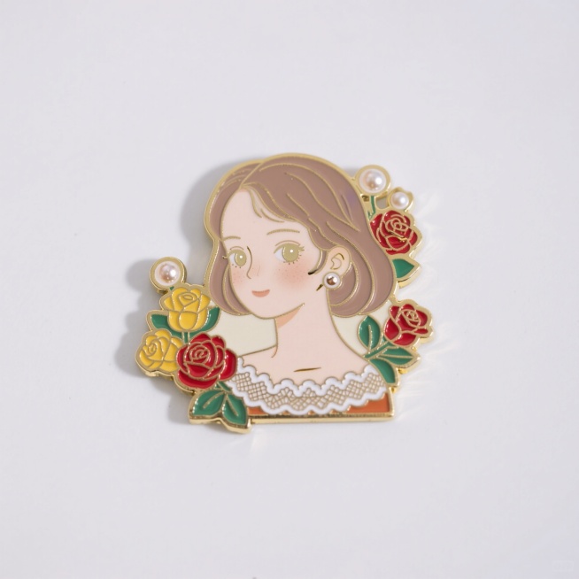 金边珐琅金属冰箱贴，欧美风，带珍珠耳钉的少女，珍珠，红黄玫瑰、蕾丝，体现少女纯真的面容，低饱和配色。预览效果