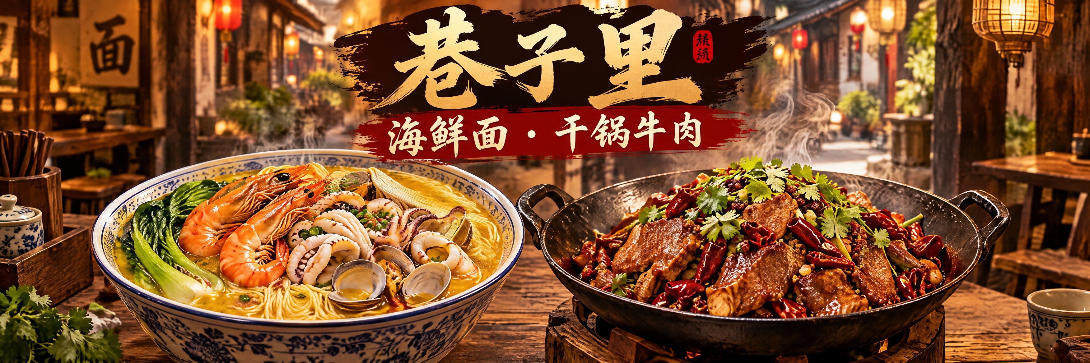 面馆海报设计，店名"巷子里·海鲜面·干锅牛肉"，写真美食风格，… - 图片创意预览
