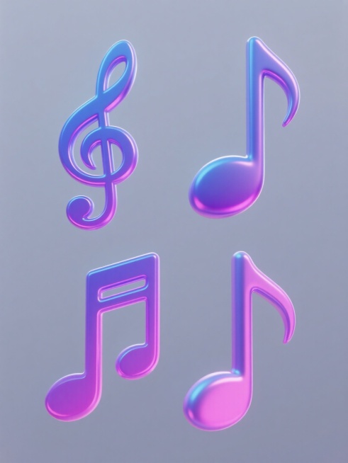 4个规整排布的3D立体音乐符号素材，每个素材均采用渐变霓虹色彩（蓝紫色到粉紫色过渡），具有光滑的金属质感和微妙的反光效果，简约现代风格，纯色背景，无任何文字、logo和水印。预览效果