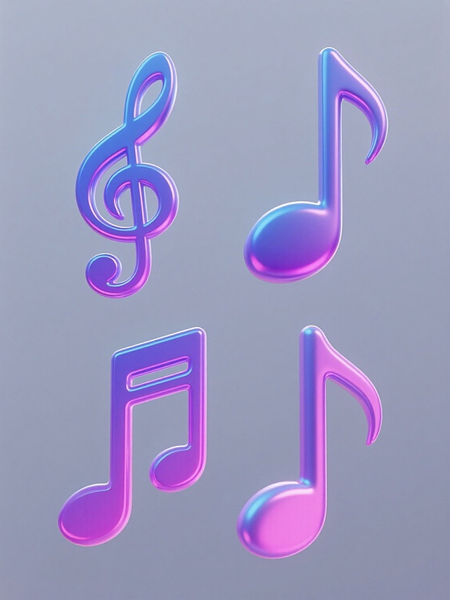 4个规整排布的3D立体音乐符号素材，每个素材均采用渐变霓虹色彩（蓝紫色到粉紫色过渡），具有光滑的金属质感和微妙的反光效果，简约现代风格，纯色背景，无任何文字、logo和水印。