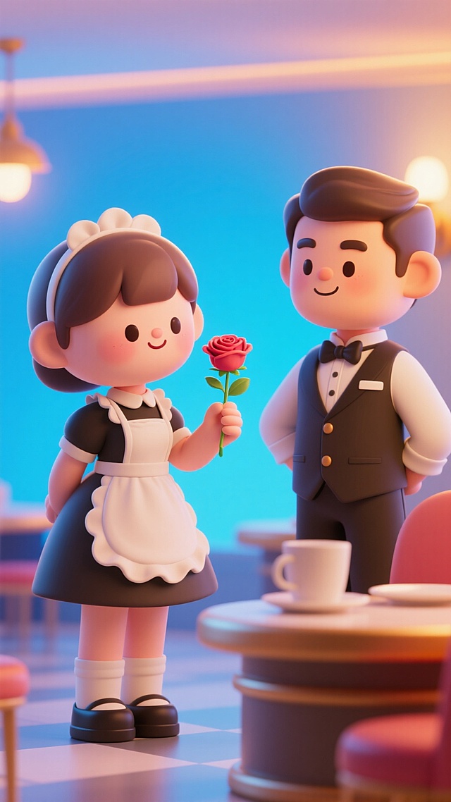 软3D粘土风，可爱卡通情侣在温馨咖啡馆中，女孩手捧红玫瑰，浪漫氛围满满，适合情人节主题。