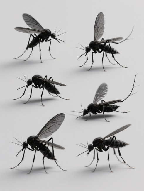 纯黑色蚊子，6个完全不同造型，写实风格，细致描绘蚊子的身体结构、翅膀纹理和腿部细节，每个蚊子姿态各异，有的展翅欲飞，有的停落休息，有的侧身展示，有的正面朝向，有的尾部翘起，有的腿部舒展，规整排布在纯色背景上，带有自然的阴影效果，整体呈现专业、清晰的设计感，适合作为系列素材集合使用。预览效果