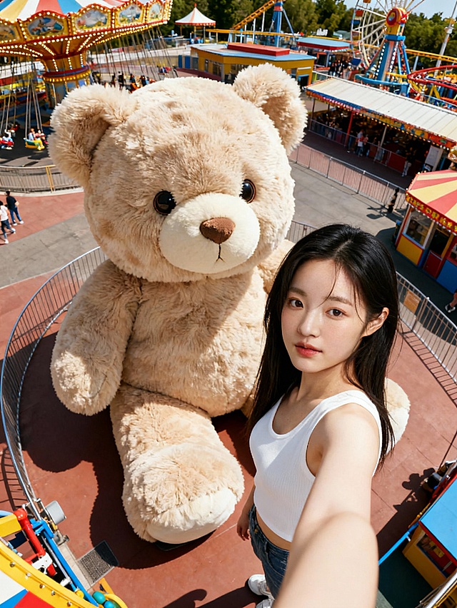 梦幻游乐园中，少女与巨型毛绒熊自拍，实景感十足，卡通感与温馨感交织，毛发生长风细腻呈现，面料质感柔软蓬松，清新可爱氛围满溢。