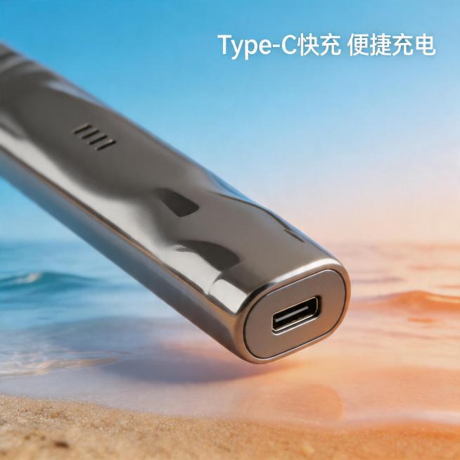 [主图 6] 产品充电细节展示主图。保持浅枪灰色口腔护理杆产品外观形状、颜色和纹理细节与原图对应产品完全一致，特写展示产品底部充电口。氛围风格：夏日科技度假风。画质：商业摄影质感，光线柔和通透，产品清预览效果