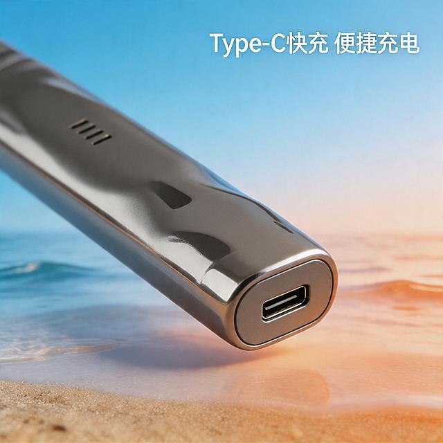 [主图 6] 产品充电细节展示主图。保持浅枪灰色口腔护理杆产品外观形状、颜色和纹理细节与原图对应产品完全一致，特写展示产品底部充电口。氛围风格：夏日科技度假风。画质：商业摄影质感，光线柔和通透，产品清晰真实，画面干净高级，超高清。元素：浅枪灰色电动口腔护理杆倒置展示底部，清晰呈现Type-C充电口细节，产品占比约70%。背景是清透蓝渐变到暖橘橙的梦幻渐变，点缀海浪波纹和沙滩元素。保持产品原有外观形状，物理结构，材质质感，颜色与输入产品图中对应产品绝对一致，杜绝任何变形和色差，清晰展示充电口结构。光影：底部补光，清晰呈现充电口细节，金属材质反光自然，整体干净通透。配色：浅枪灰搭配蓝橙渐变背景，高级清爽。视角构图：低角度平视角，聚焦底部充电口，景深合适突出细节。文字版式：右上标注「Type-C快充 便捷充电」白色字体，不遮挡充电口细节。比例分辨率：1:1 比例，2k分辨率，文字清晰锐利。负向提示词：变形，水印，文字错乱，产品图模糊，背景杂乱，改变产品结构颜色。