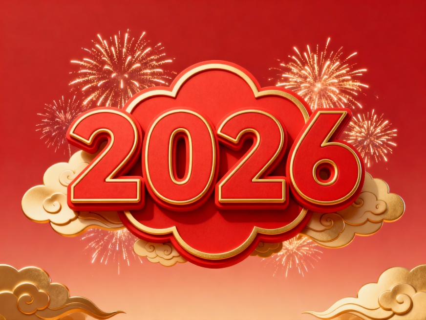2026红色喜庆立体花字，春节氛围，烟花点缀，金色祥云环绕，背景为红色渐变，花字边缘有金色描边和立体阴影，烟花在花字周围绽放，呈现出热闹欢快的节日景象预览效果