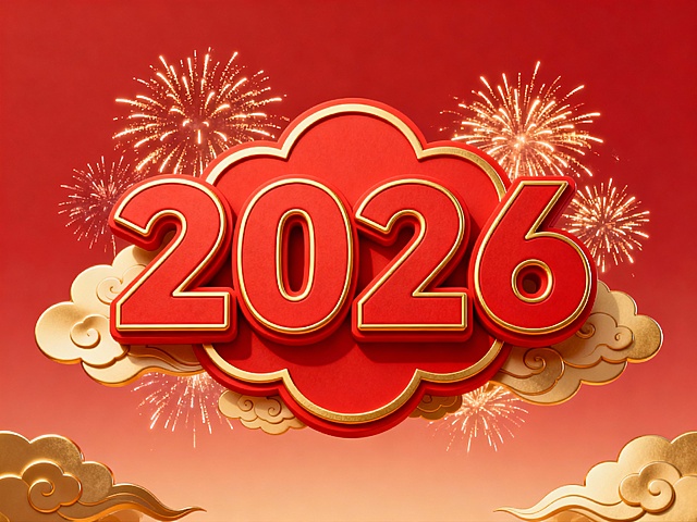 2026红色喜庆立体花字，春节氛围，烟花点缀，金色祥云环绕，背景为红色渐变，花字边缘有金色描边和立体阴影，烟花在花字周围绽放，呈现出热闹欢快的节日景象