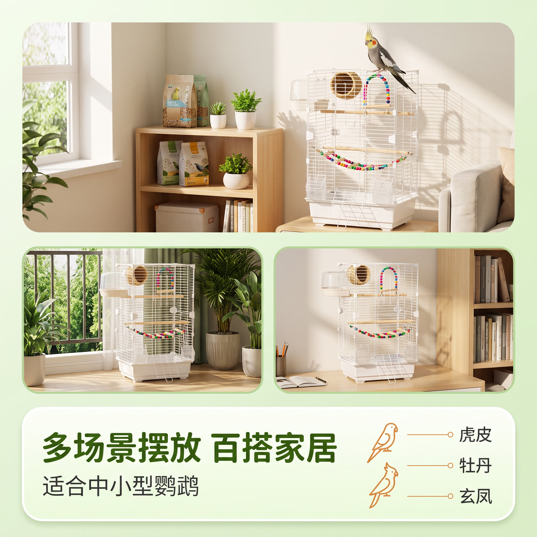 [主图-4] 场景与适配展示，展示鸟笼在不同家居场景中的摆放效… - 图片创意预览