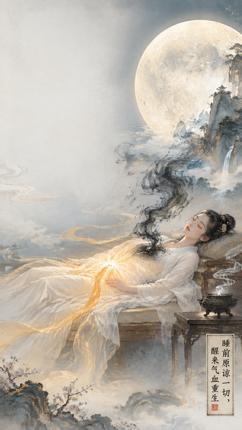 国风新中式工笔画风格，神话般雄奇场景，极简设计。夜幕降临，一轮… - 图片创意预览