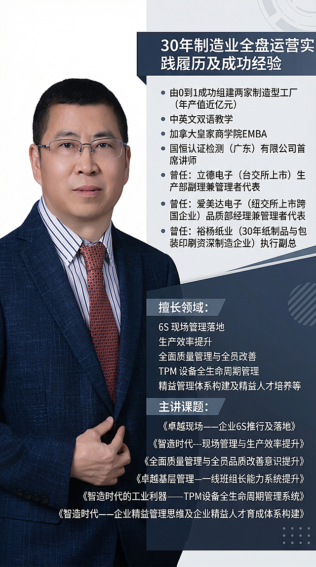 专业商务风格制造业讲师介绍海报，左侧放置提供的男士正装肖像照，右侧排版文字内容：顶部为“30年制造业全盘运营实践履历及成功经验”，依次排列“由0到1成功组建两家制造型工厂（年产值近亿元）”“中英文双语教学”“加拿大皇家商学院EMBA”“国恒认证检测（广东）有限公司首席讲师”“曾任：立德电子（台交所上市）生产部副理兼管理者代表”“曾任：爱美达电子（纽交所上市跨国企业）品质部经理兼管理者代表”“曾任：裕杨纸业（30年纸制品与包装印刷资深制造企业）执行副总”，下方区域标注擅长领域：6S 现场管理落地、生产效率提升、全面质量管理与全员改善、TPM 设备全生命周期管理、精益管理体系构建及精益人才培养等，再列出主讲课题：《卓越现场——企业6S推行及落地》《智造时代---现场管理与生产效率提升》《全面质量管理与全员品质改善意识提升》《卓越基层管理——一线班组长能力系统提升》《智造时代的工业利器——TPM设备全生命周期管理系统》《智造时代——企业精益管理思维及企业精益人才育成体系构建》，整体配色沉稳商务，排版清晰规整，突出专业讲师的资深背景
