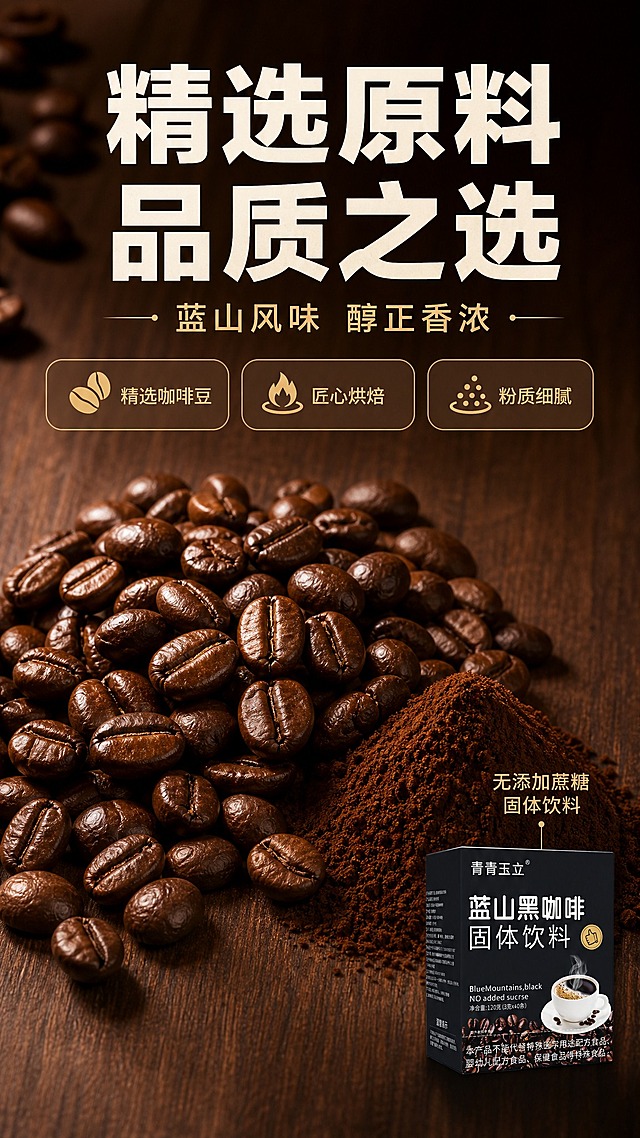 [商品] 【图1】产品盒缩小放在画面右下角做辅助露出，约占画面15%；保留包装盒外观与文字清晰可辨。
[画面] 目标：原料品质与成分展示，突出咖啡豆原料与干净配方。构图：上半部分为大标题区，下半部分主体为微距烘焙咖啡豆+咖啡粉堆；咖啡豆颗粒饱满油亮，占画面主视觉约60%；旁边有一小堆细腻咖啡粉；背景为深棕色木质纹理桌面，带柔和光影；左上角有少量散落咖啡豆增加层次；整体突出原料的高品质感。
[视觉] 套系策略：风格=高级商业美食摄影风，影棚质感，咖啡氛围；标题字=粗黑厚重无衬线体，字重加粗；正文字=简洁现代无衬线体；主色=深咖啡棕+暖金棕；背景延展=基于深棕/暖棕做同色系渐变、深浅层级、细腻磨砂/木纹质感；强调色=奶金色，仅用于小面积图标、引线、标签点缀；标题色=米白色（深底）/深咖啡色（浅底）；正文色=浅棕褐色；组件=圆角浅棕信息卡、细金线引线、咖啡豆小图标；光影=侧上方暖光，咖啡豆有油亮高光，立体感强。
[文字] 顶部主标题「精选原料 品质之选」，副标题「蓝山风味 醇正香浓」；中部左侧有三个短标签：「精选咖啡豆」「匠心烘焙」「粉质细腻」，每个配小图标，横排排列；右下角产品盒上方有小字「无添加蔗糖 固体饮料」；所有文字横排。
[规格] 图片比例9:16竖版，4K，medium。负向：变形、错字、冷蓝背景、原料不真实、模糊、医疗功效宣传、绝对化用语。